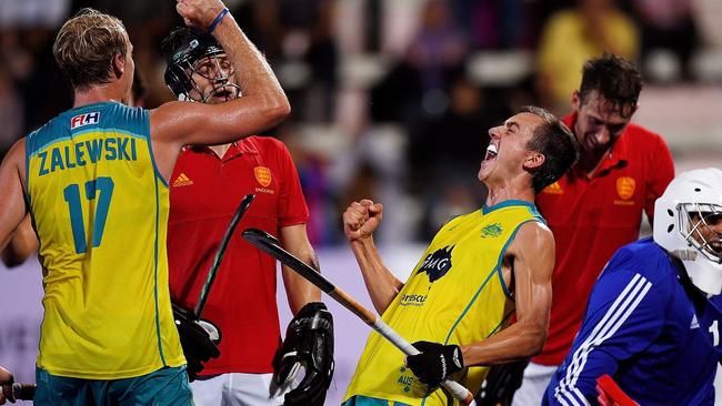 Australia's Lachlan Sharp reacts after scoring a goal against England during their men's field hockey final match of the 2018 Sultan Azlan Shah tournament.