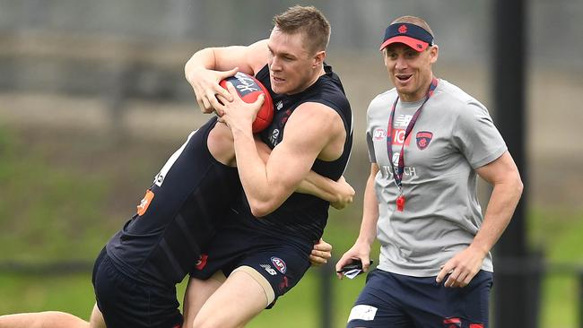 Melbourne coach Simon Goodwin watches over training. Picture: Getty