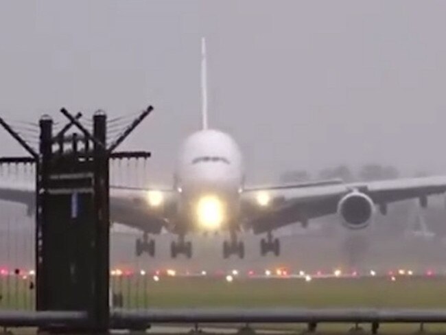 The Emirates Airbus A380 was hit by strong winds as it came into land. Picture: YouTube