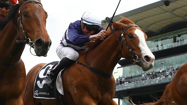 SYDNEY, AUSTRALIA - OCTOBER 05: Rachel King riding  King Kirk wins Race 2 Arrowfield Breeders' Plate during Sydney Racing at Royal Randwick Racecourse on October 05, 2024 in Sydney, Australia. (Photo by Jeremy Ng/Getty Images)