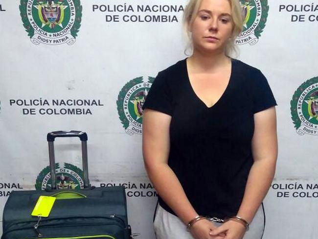 Australian citizen Cassandra Sainsbury during her detention with 5.8 kilos of cocaine at an airport in Bogota, Colombia. Picture: EPA/Colonel Anti-narcotics Police