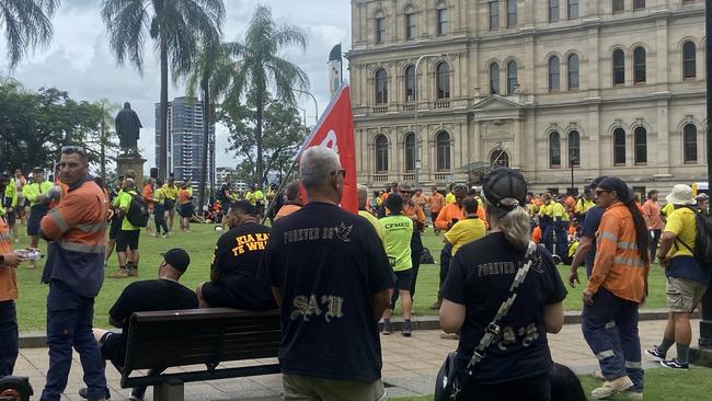 A CFMEU protest in the wake of a tragic worker death has shut down Brisbane’s CBD.