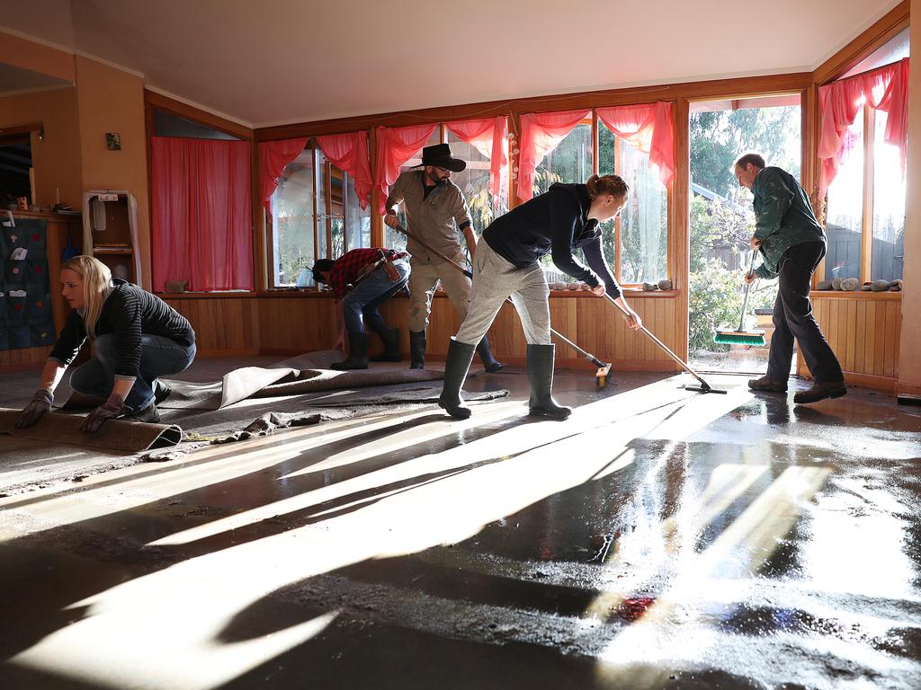 The Steiner School at Huntingfield remains closed after extensive flooding to the school. Teachers and parents pitch in to clean up the early childhood centre. Picture: SAM ROSEWARNE