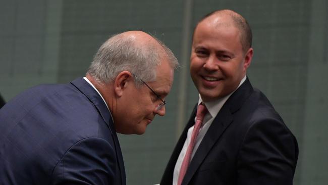 Prime Minister Scott Morrison and Treasurer Josh Frydenberg during Question Time in the House of Representatives at Parliament House.