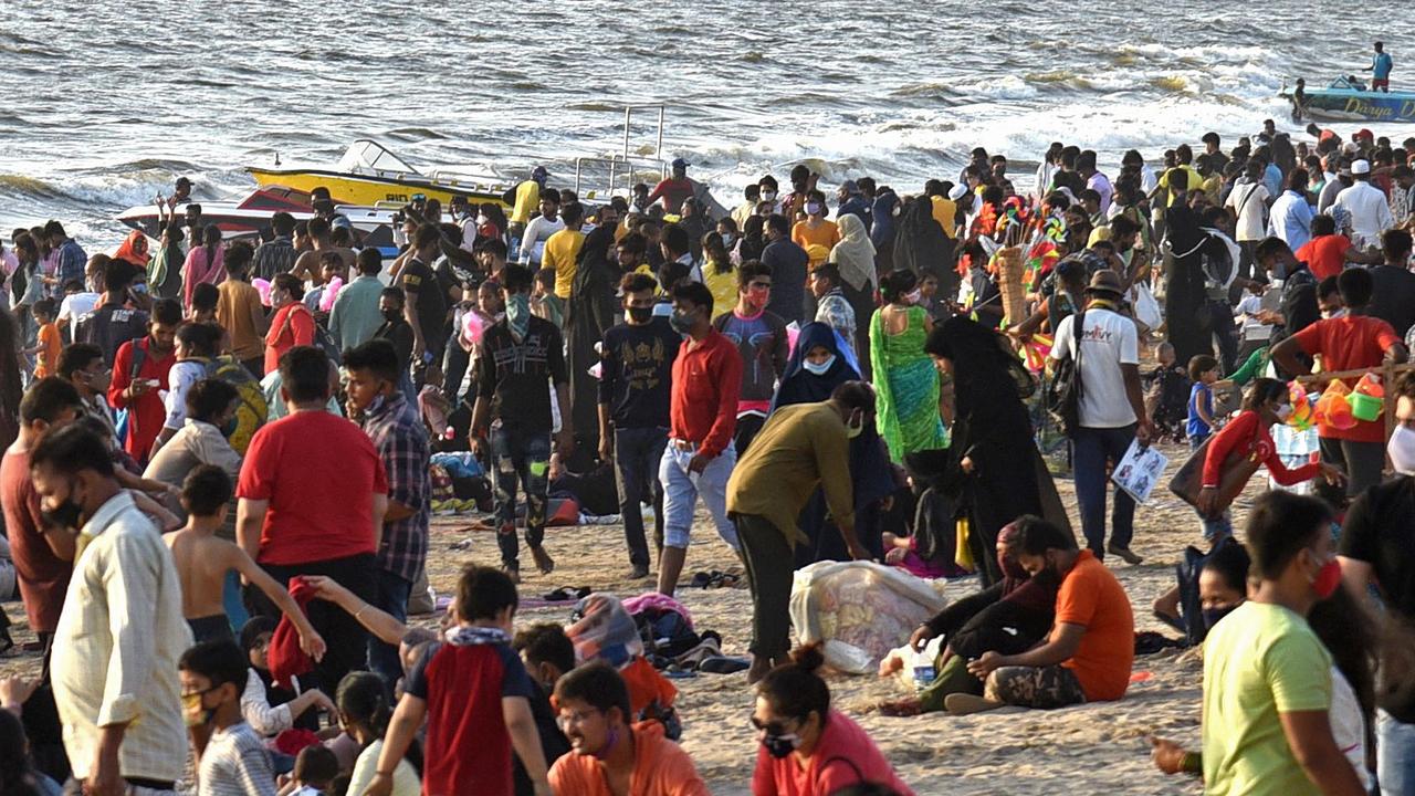 Visitors crowd Juhu beach in Mumbai last weekend despite fears of latest coronavirus surge. Picture: Sujit Jaiswal/AFP