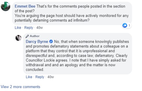 Cr Byrne then continued to reference Cr Lockie in a comment under his post, which is still public.