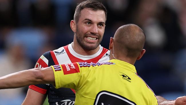 James Tedesco of the Roosters speaks with the referee during the round 17 NRL match between the Sydney Roosters and Canberra Raiders at Allianz Stadium on June 25, 2023 in Sydney, Australia. (Photo by Cameron Spencer/Getty Images)