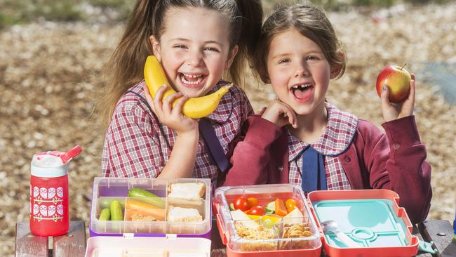 Sienna Allen and Alice Jackson hold up their health lunch box. Picture: Rob Leeson.