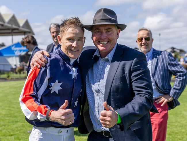 Andrew Gluyas (right) celebrates Air Assault's win in the Listed Hill Smith Stakes with jockey Jason Holder. Photo: Makoto Kaneko