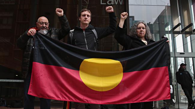 Black Lives Matter rally organisers Raul Bassi, Padraic Gibson and Aunty Rhonda Dixon-Grovernor out the front of the Supreme Court in Sydney. Picture: Adam Yip