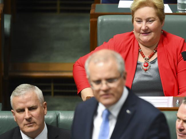 Liberal Member for Gilmore Ann Sudmalis reacts as she listens to Australian Prime Minister Scott Morrison. Picture: AAP/Lukas Coch