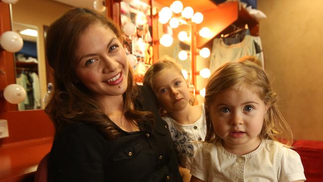 Pic of Patrice Tipoki, who stars as Fantine in Les Mis, in her dressing room with her young daughters Libby, 5 and Addy, 2.