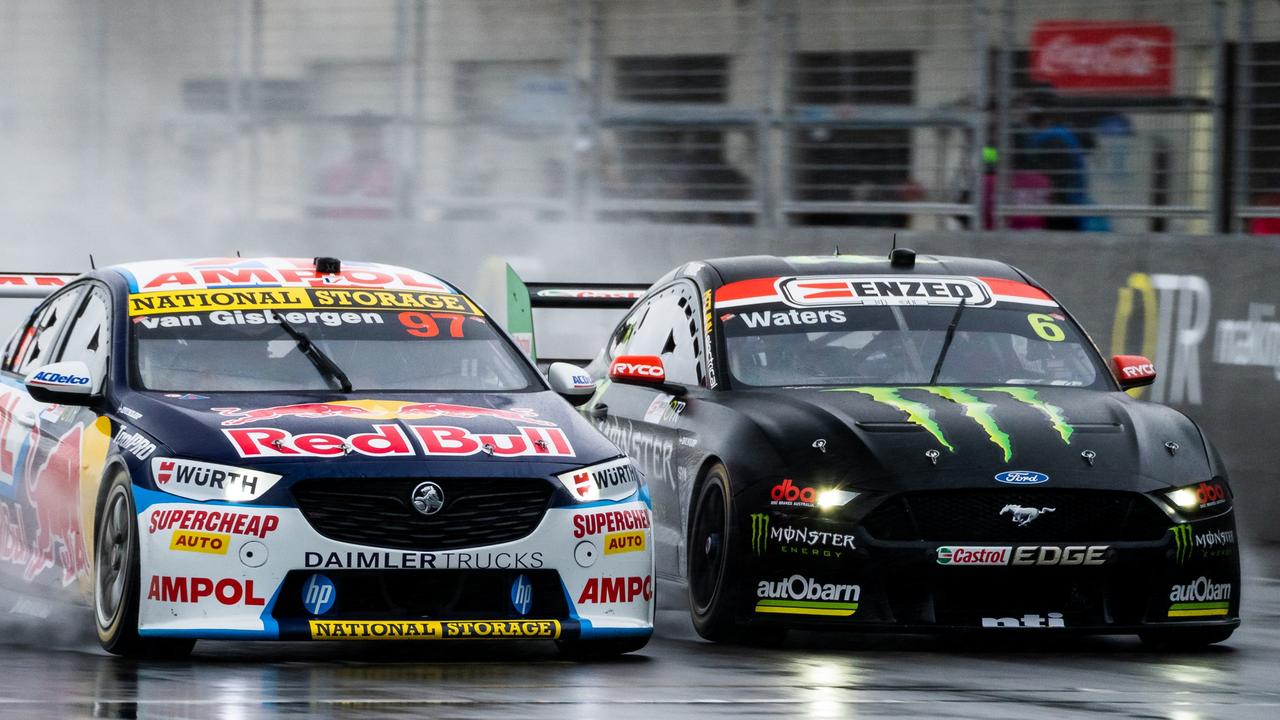 Shane van Gisbergen and Cameron Waters go wheel to wheel down the straight at Tailem Bend. Picture: Daniel Kalisz/Getty Images