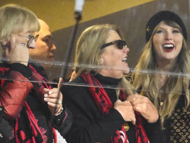 Donna Kelce, Andrea Swift and Taylor Swift. Taylor Swift was out with her mum and Kylie Kelce ahead of the Super Bowl. Picture: AP