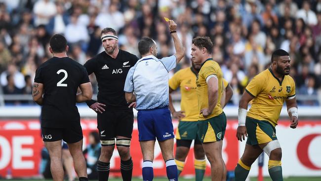YOKOHAMA, JAPAN - OCTOBER 27: Tolu Latu of the Wallabies leaves the field after receiving a yellow card during the Bledisloe Cup test match between New Zealand All Blacks and Australian Wallabies at Nissan Stadium on October 27, 2018 in Yokohama, Kanagawa, Japan.  (Photo by Matt Roberts/Getty Images)