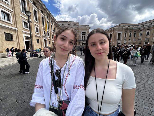 Portuguese students Enia Alves, 17 and Francisca Meirceles, 17, both visited Vatican City to pay their respects to the late Pope Francis. Picture: Sophie Elsworth