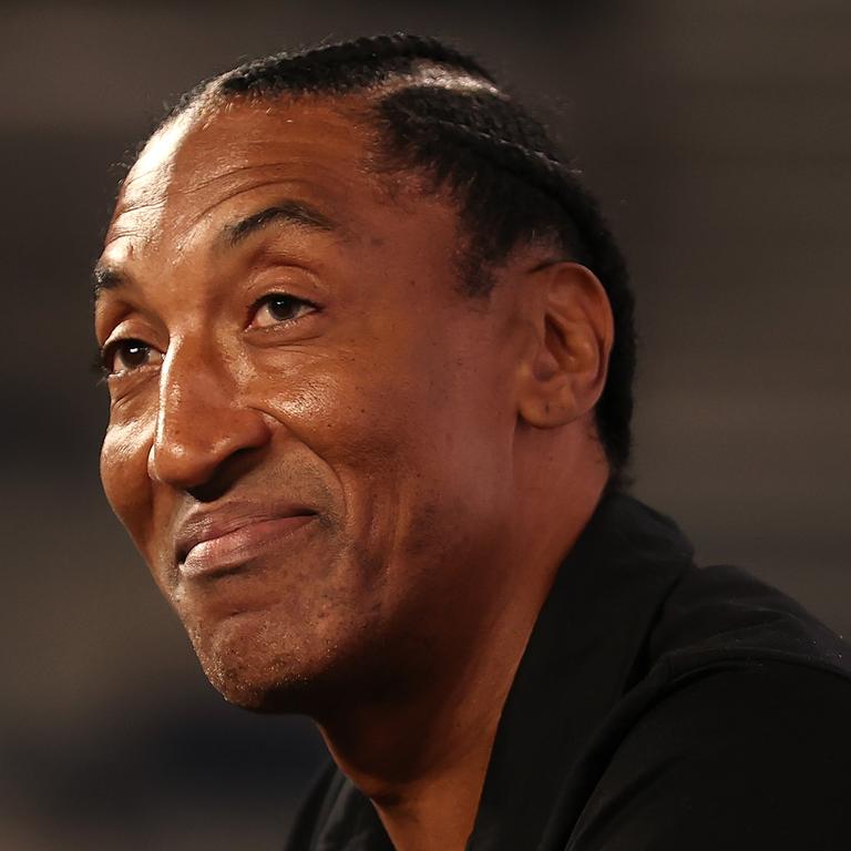 Chicago Bulls legend Scottie Pippen speaks at the launch of the NBL’s 2023-24 playoff series in Melbourne on Tuesday. Picture: Kelly Defina / Getty Images