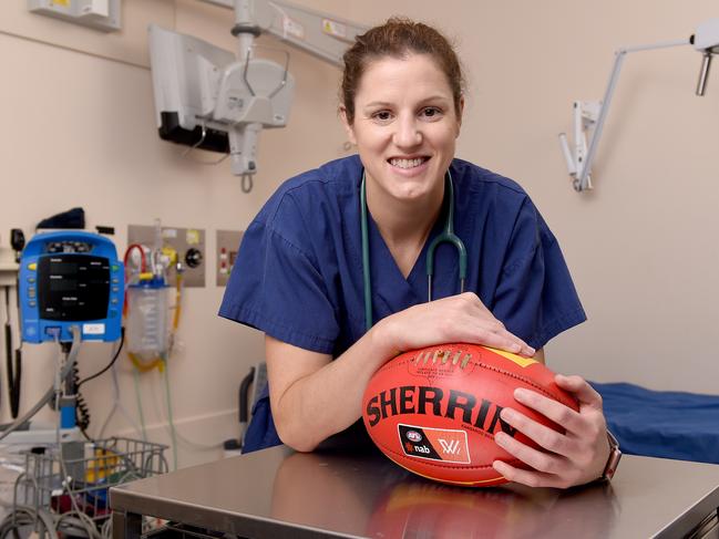 For the 2019 AFLW season, Jess Foley was an emergency department doctor at Noarlunga Hospital. Picture: Naomi Jellicoe