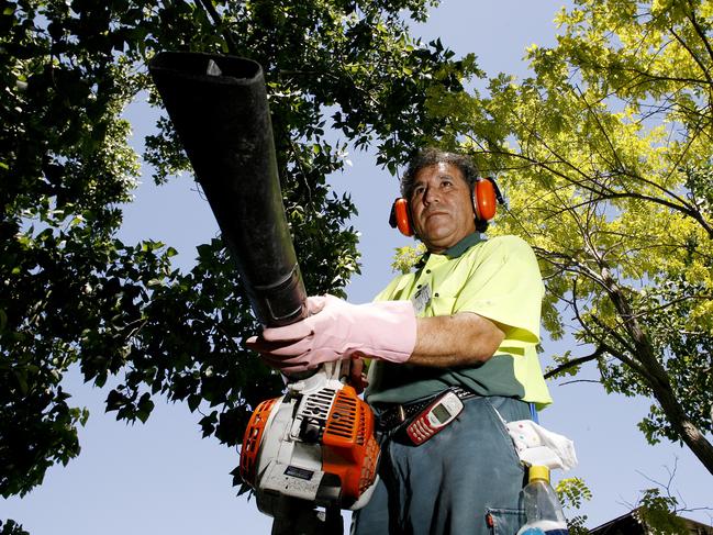 Leaf Blowers 04 December 2007. Clover Moore wants  to have noise restrictions put on the use of leaf blowers in the early hours. Grounds maintenance man, Carlos Figueroa poses with a leaf blower. Photo: Alan Place