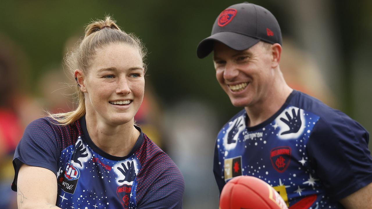 Melbourne coach Mick Stinear (right) says Tayla Harris is ready to have an impact in round 1 despite an interrupted pre-season. Picture: Daniel Pockett / Getty Images