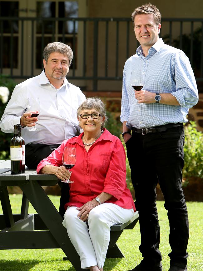 Casella Family Brands managing director John Casella (left) with Margaret Lehmann and former Peter Lehmann Wines chief executive Jeff Bond. Casella paid $57 million for Peter Lehmann Wines in 2014. Picture: Calum Robertson