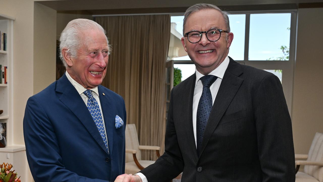 Prime Minister Anthony Albanese and the King share a joke. Picture: Saeed Khan-Pool/Getty Images