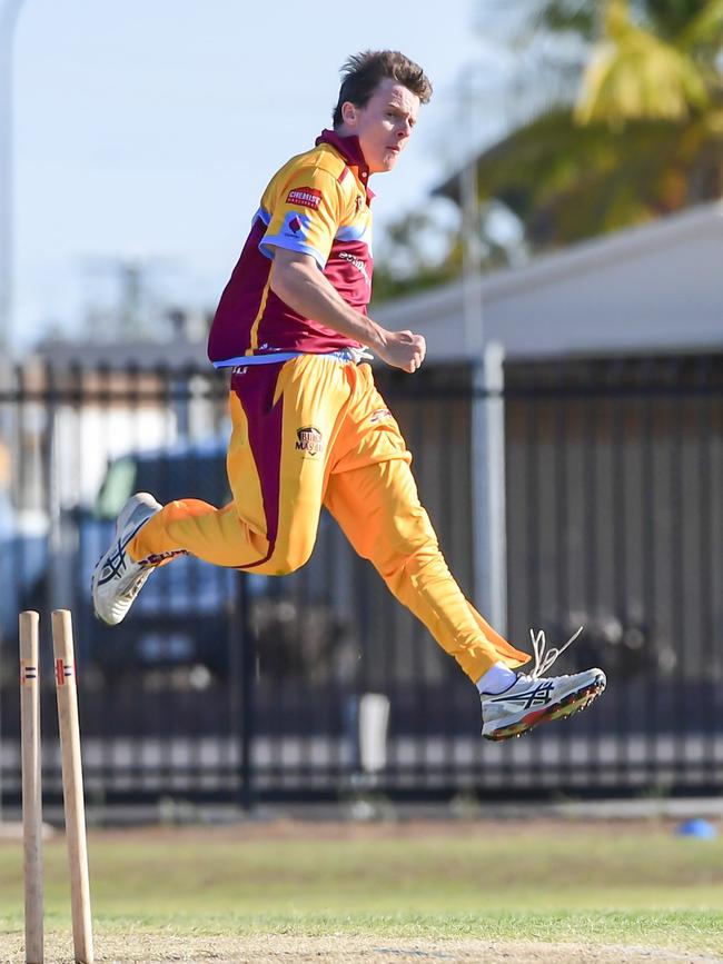 Central Queenslands Sam Lowry celebrates the bowling of Darling Downs Kris Glass.