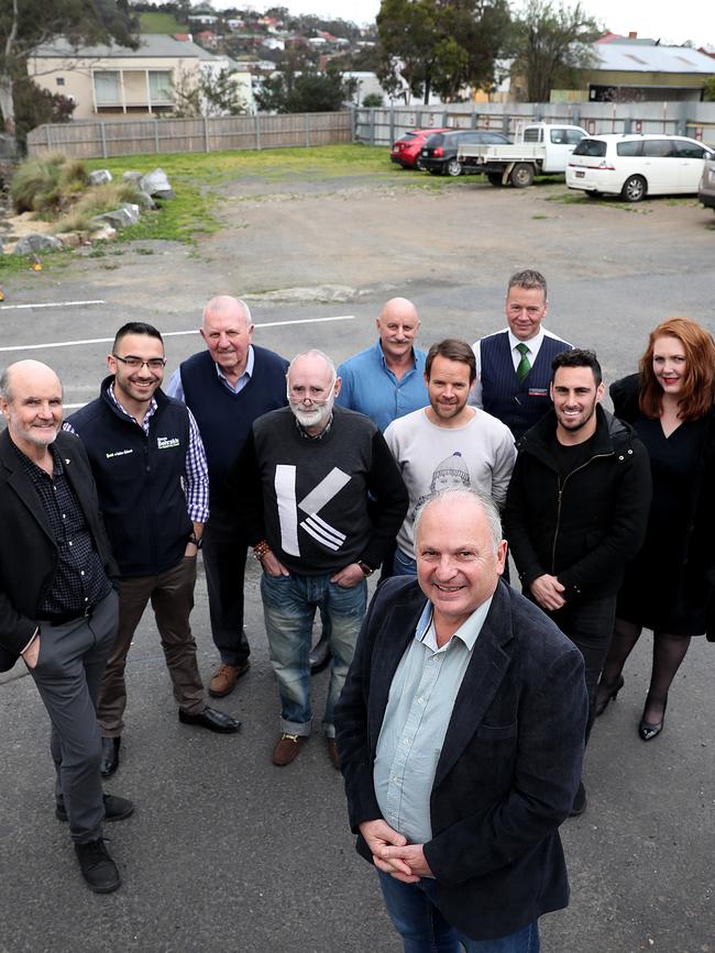 Alderman Marti Zucco, front, with North Hobart traders and supporters at the proposed car park site in North Hobart. Picture: SAM ROSEWARNE