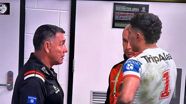 Shane Flanagan has a chat with Tyrell Sloan after shortly after fulltime. Pic: Fox League