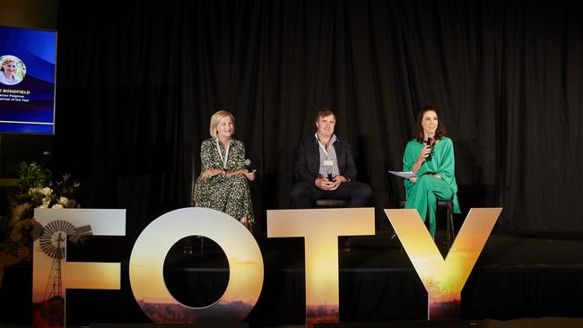 The Weekly Times Coles Farmer of the Year 10-year anniversary at the National Portrait Gallery in Canberra. MC Giaan Rooney (right) interviews past winners Prue Bondfield and Tom Bull.