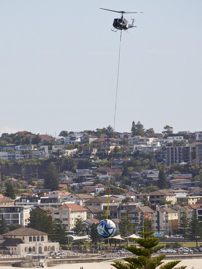 The ball was flown in across Bondi beach via helicopter. Picture: adidas