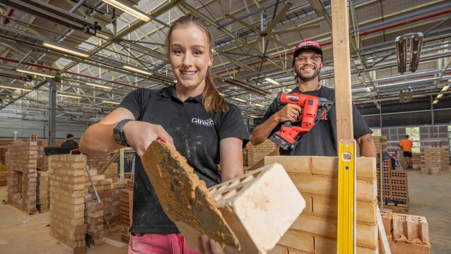 Cert 3 students Elizabeth Briggs, 20 and Ray Kyle, 35 at the Tensely TAFE SA. Picture: Ben Clark