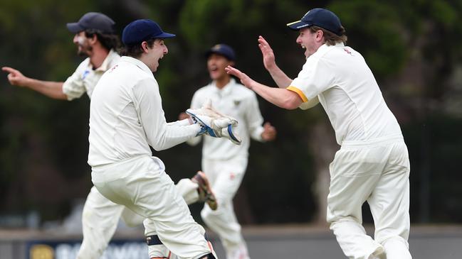 Balwyn players celebrate the fall of a wicket.