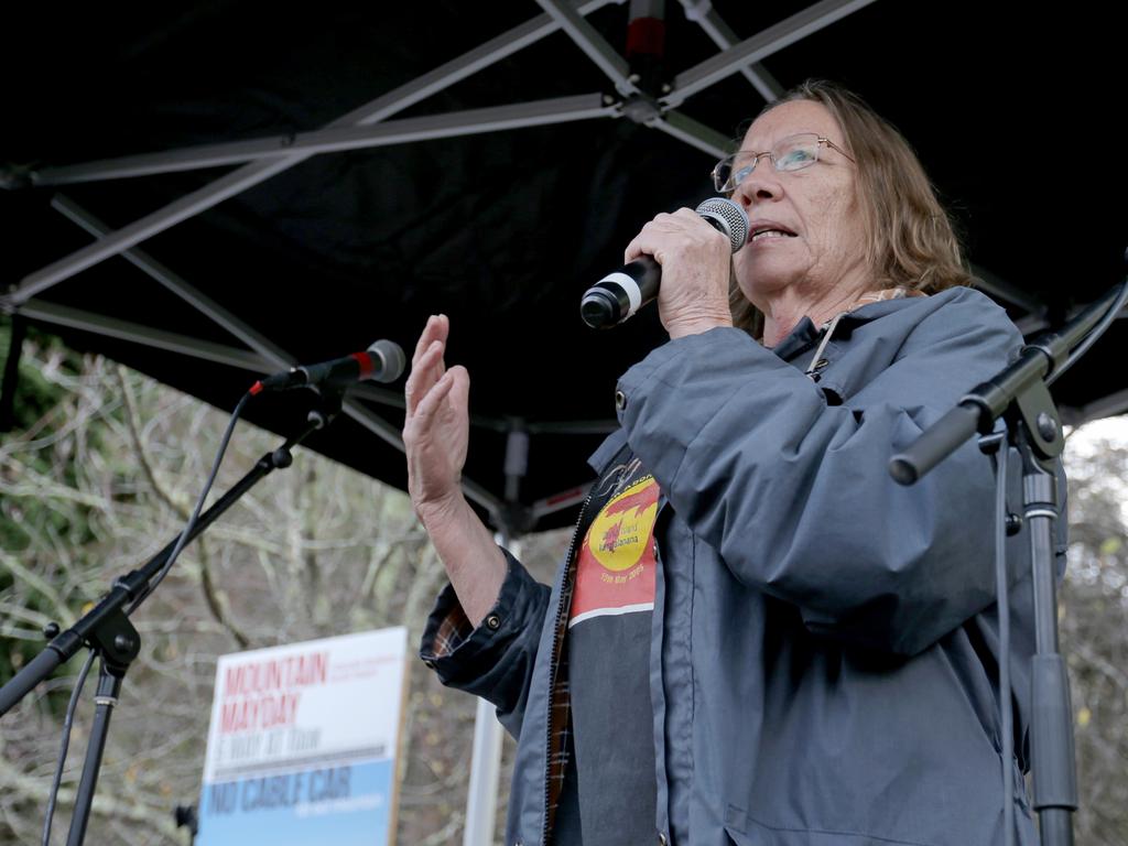 Tasmanian Aboriginal Centre head Heather Sculthorpe speaks at the Mountain Mayday Rally at the Cascade Gardens. Picture: PATRICK GEE