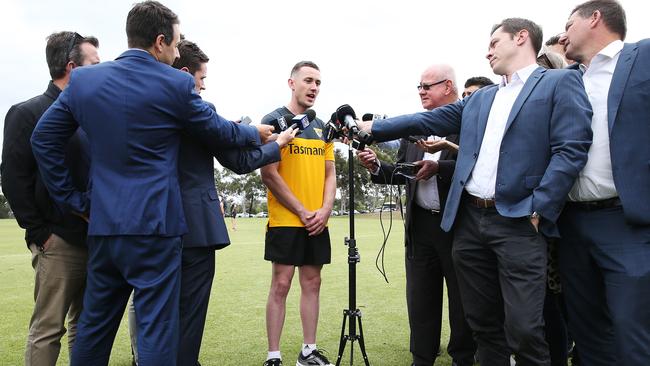 There was plenty of interest in Scully and his recovery today at the Hawks’ training session at Xavier College. Picture: Getty Images