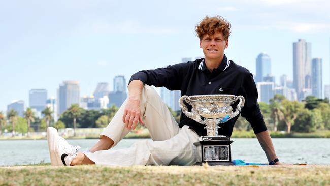 Jannik Sinner poses with the Norman Brookes Challenge Cup the morning after winning the 2025 Australian Open men's singles title. Picture: Getty Images