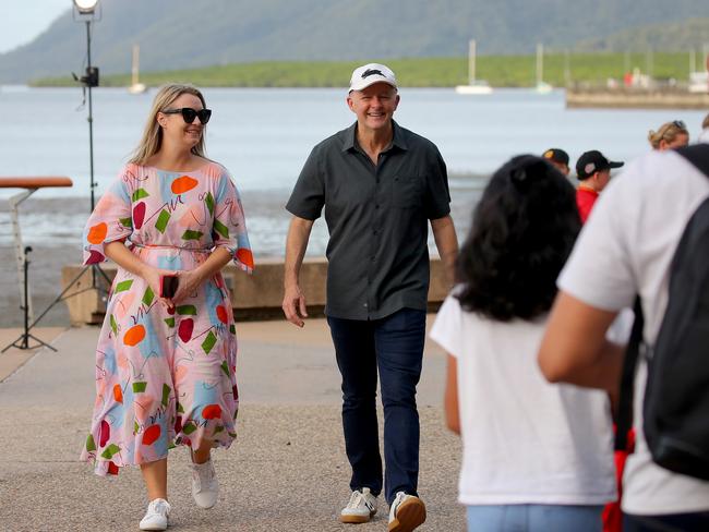 Labor leader Anthony Albanese enjoys an afternoon walk with partner Jodie Haydon along the Esplanade in Cairns, Queensland after a day of campaigning. Picture: Toby Zerna