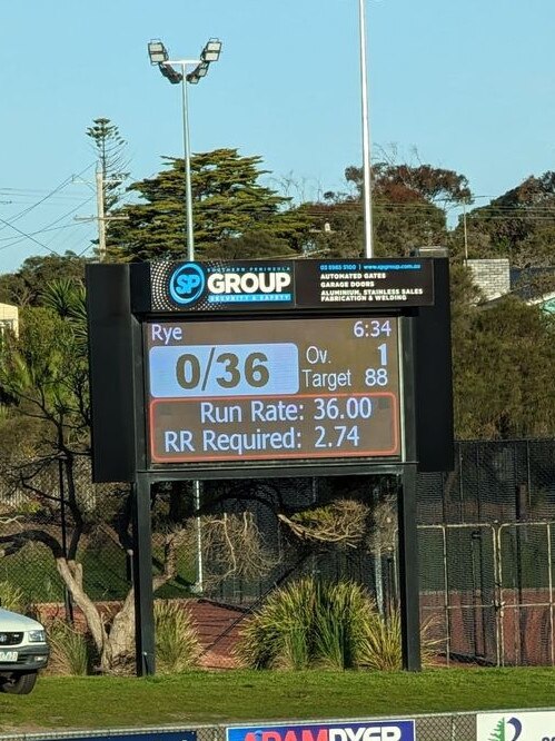 The Rye scoreboard afte one over.