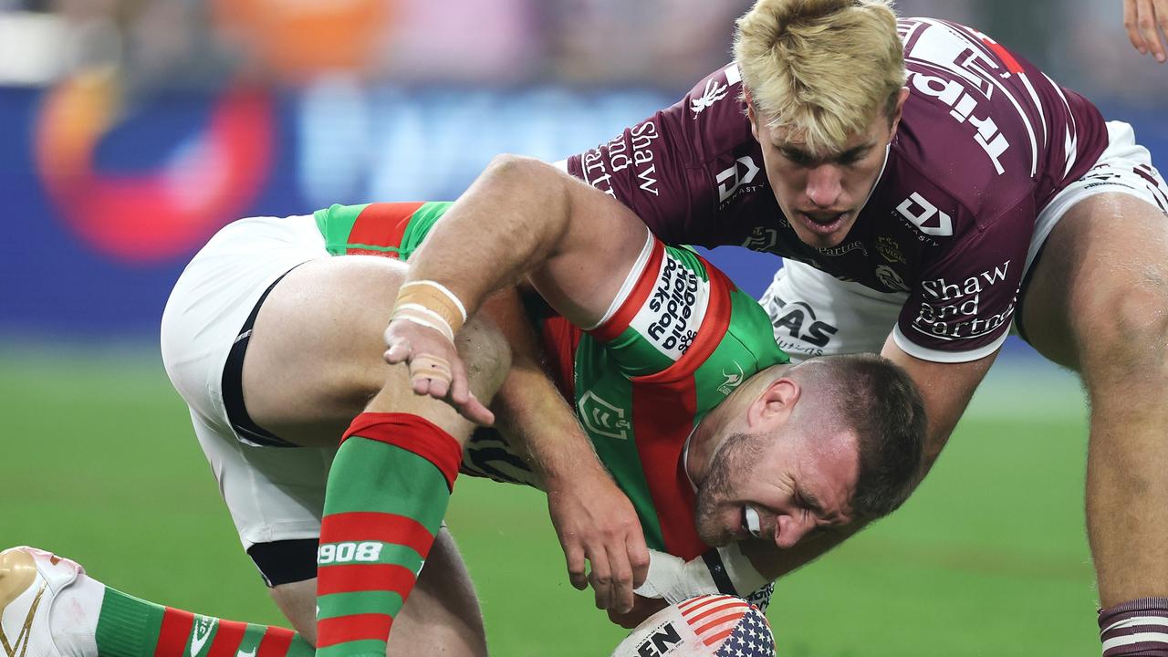 Jai Arrow hurt his shoulder during the game in Las Vegas. Picture: Ezra Shaw/Getty Images