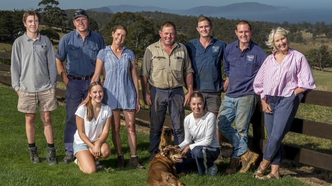 The Bignells – Ed, Richard, Bess, Meg, Charles, Doug, Lucie, Jack and Caroline – at Bream Creek Dairy at Bream Creek in Tasmania. Picture: Phillip Biggs