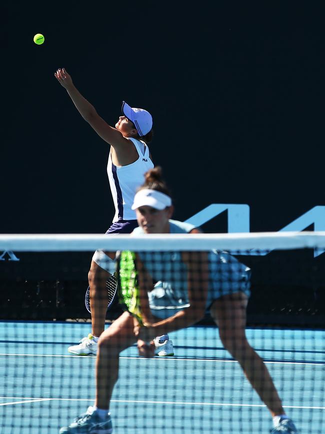 Ash Barty, left, had her thigh strapped today. Picture: Getty Images