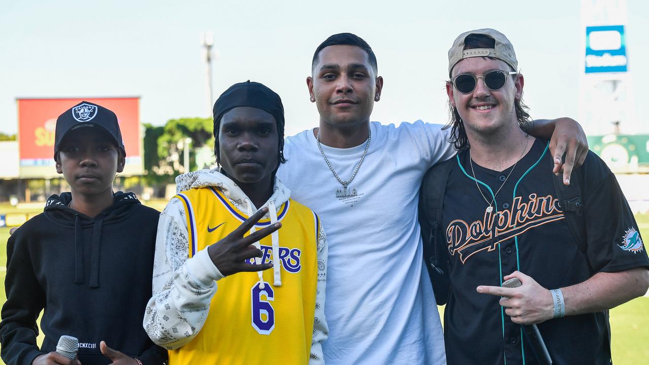 DK, Till, J-Milla and DJ Cyril performing at the Gold Coast Suns match vs Western Bulldogs at TIO Stadium. Pic: Pema Tamang Pakhrin