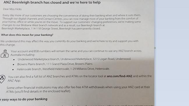 The ANZ letter tells clients the Beenleigh branch has already closed.