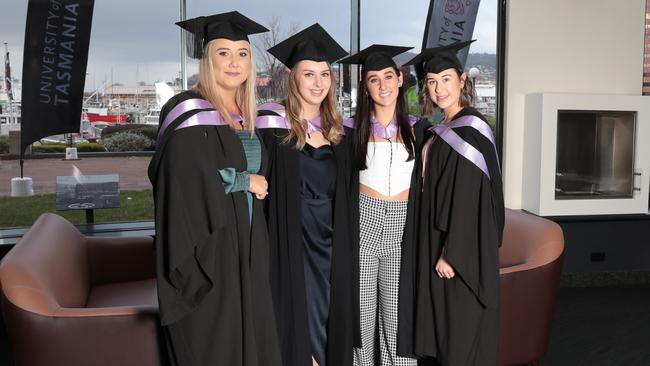 From left, Nicole Bond, who studied online from Townsville, Bachelor of Paramedic (conversion pathway), Kate Blue, Willow Duffie, and Abbie Nimmo (Bachelor of Paramedics practise). Picture: Mireille Merlet