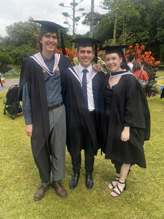 Bachelor of Music graduates: Luke Creer, Oscar Stocks and Jancia Schepisi at the University of Melbourne graduations held at the Royal Exhibition Building on Saturday, December 14, 2024. Picture: Jack Colantuono