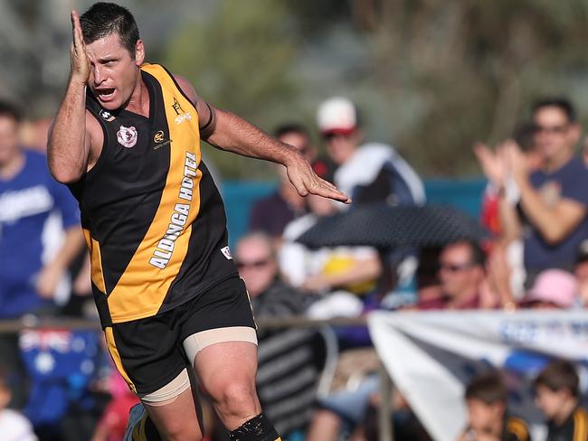 Brownlow medallist Shane Crawford celebrates kicking a goal. Picture: Tait Schmaal