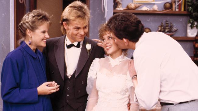 Elaine Smith, Jason Donovan, Kylie Minogue and Paul Keane filming a scene for Neighbours. Picture: Network Ten