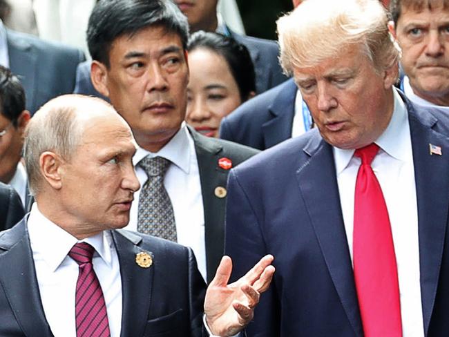 Mr Trump says he believes Mr Putin when he denies Russia interfered with the US election. Picture: AP