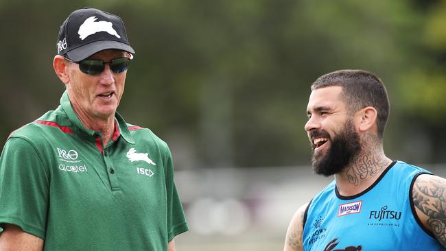 Wayne Bennett with Adam Reynolds at Redfern Oval during his first session as South Sydney Rabbitohs coach. Picture: Phil Hillyard