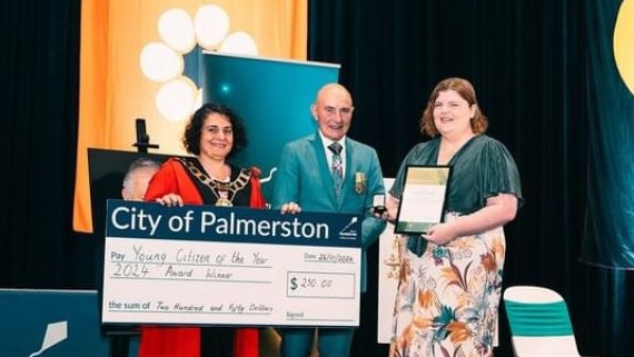 Jessica Porter (right) was awarded Young Citizen of the Year at the Palmerston Recreation Centre. Supplied: City of Palmerston.